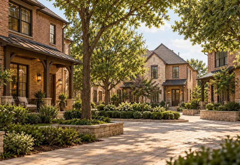 Brick courtyard townhomes around a small planted residential square.