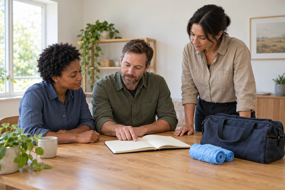 Three fictional colleagues reviewing an open notebook beside a plain bag and shoe covers.