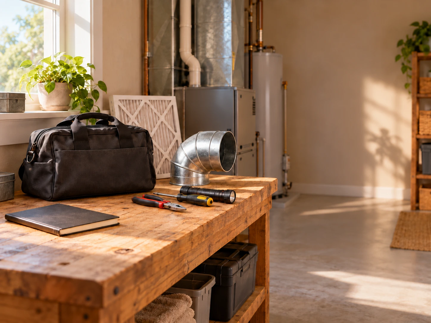 HVAC service bag, tools, air filter and duct fitting on a sunlit timber workbench.