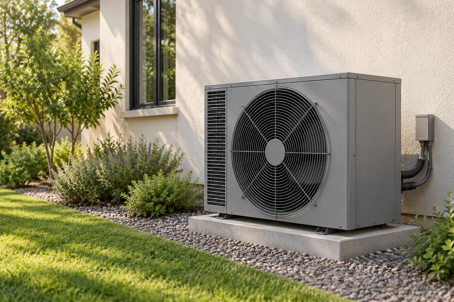 Outdoor heat pump with a circular fan grille beside a stucco home.