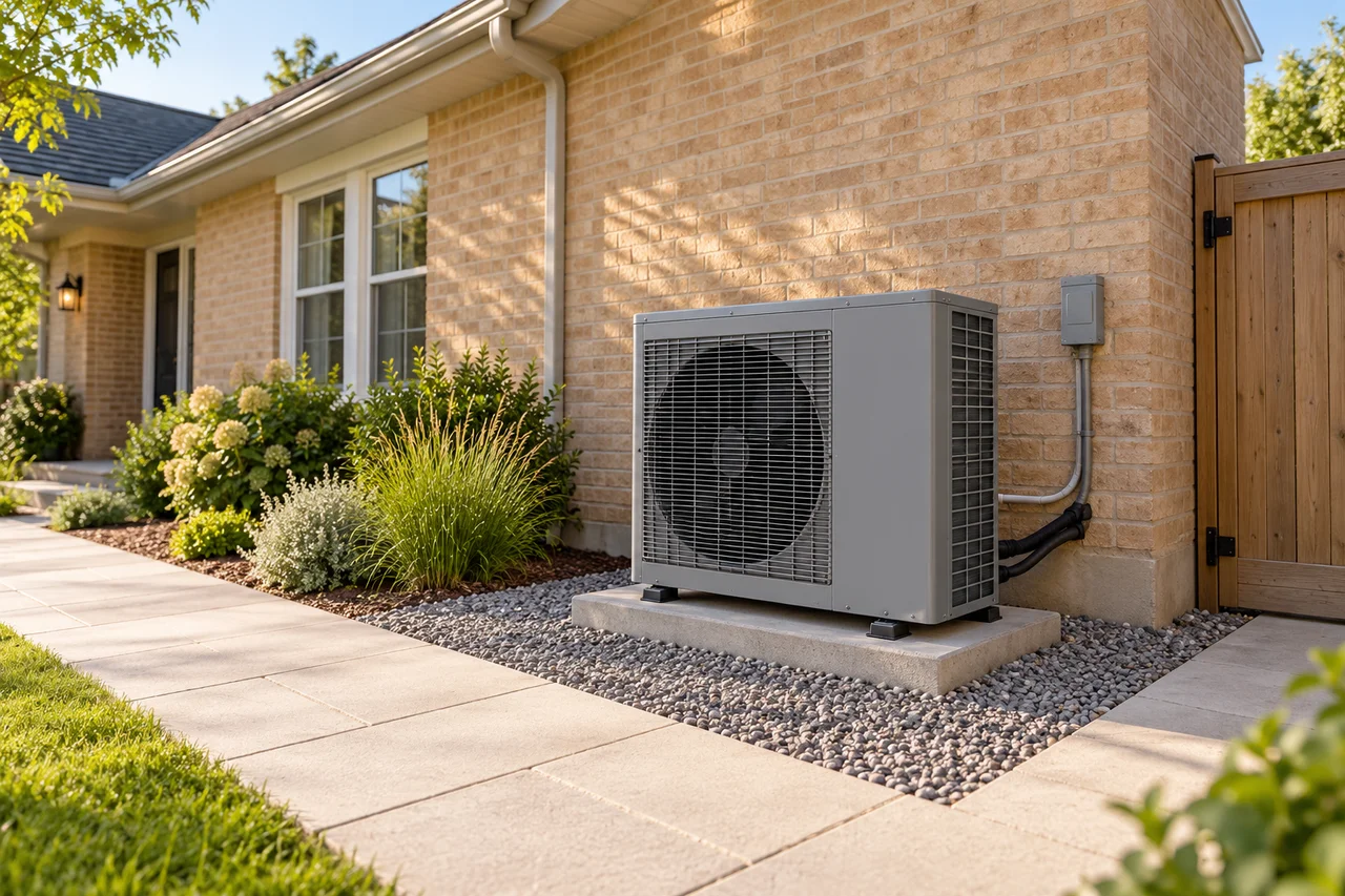 Outdoor heat pump beside a brick home, paved path and timber gate.