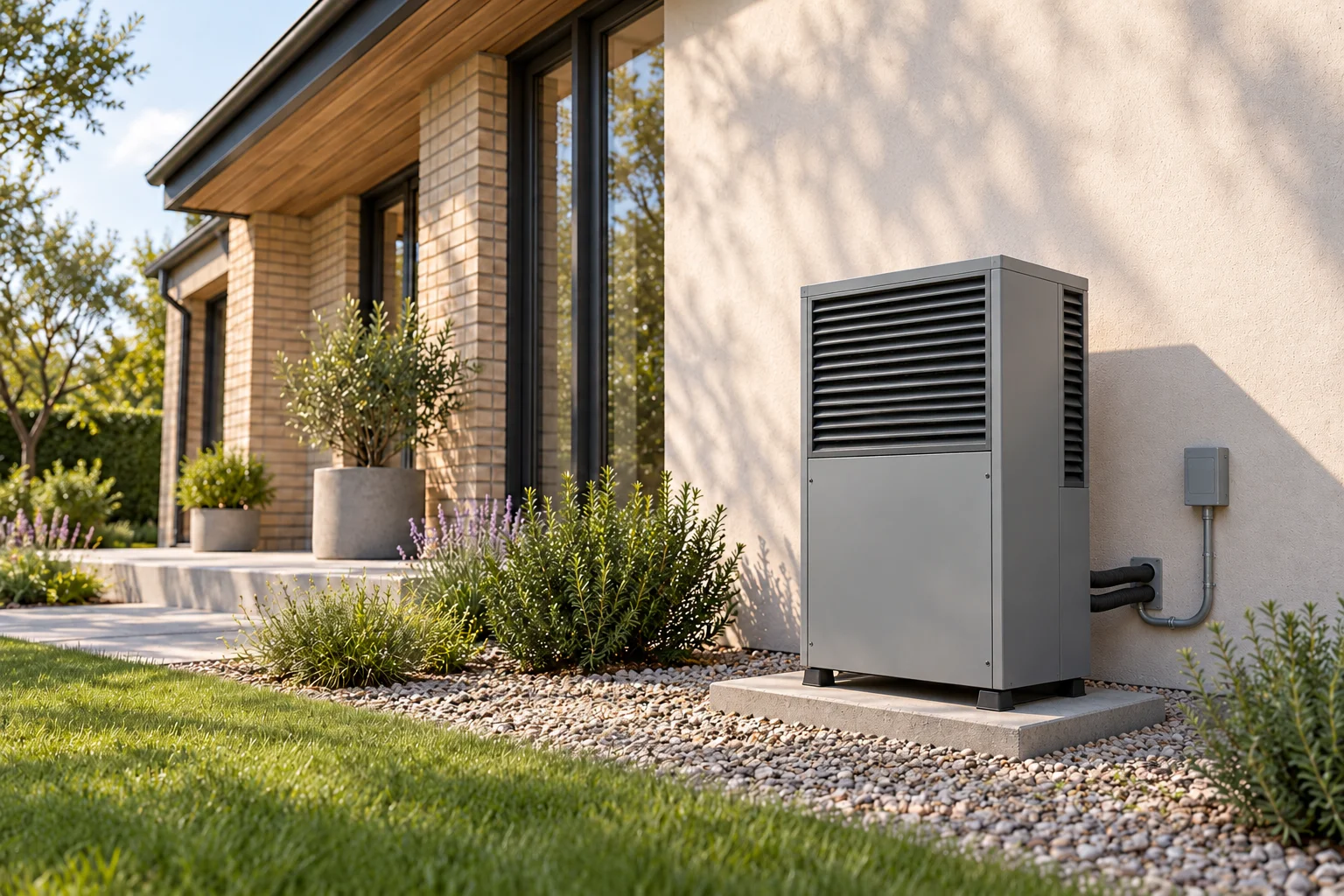 Upright outdoor heat pump with horizontal louvers beside a brick home.