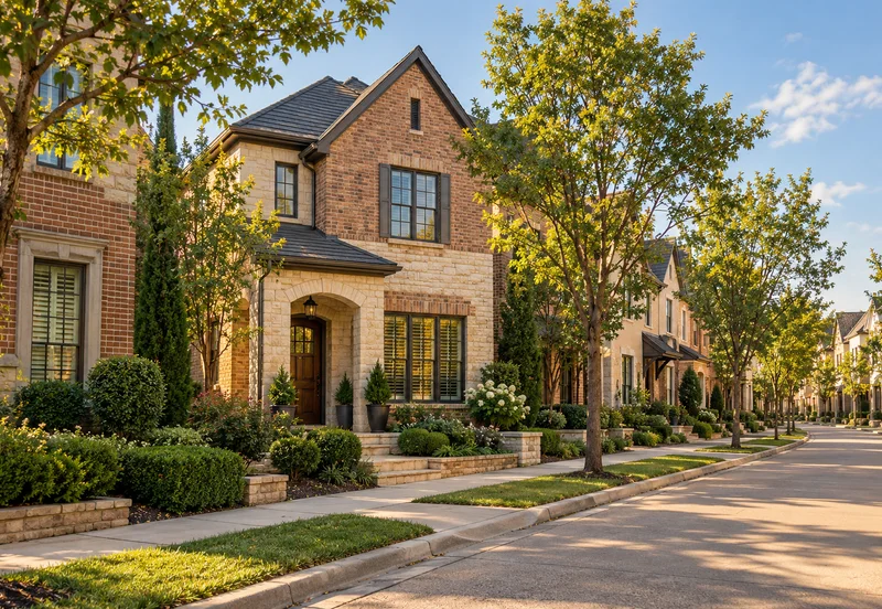 Warm brick townhomes along a quiet tree-lined residential lane.