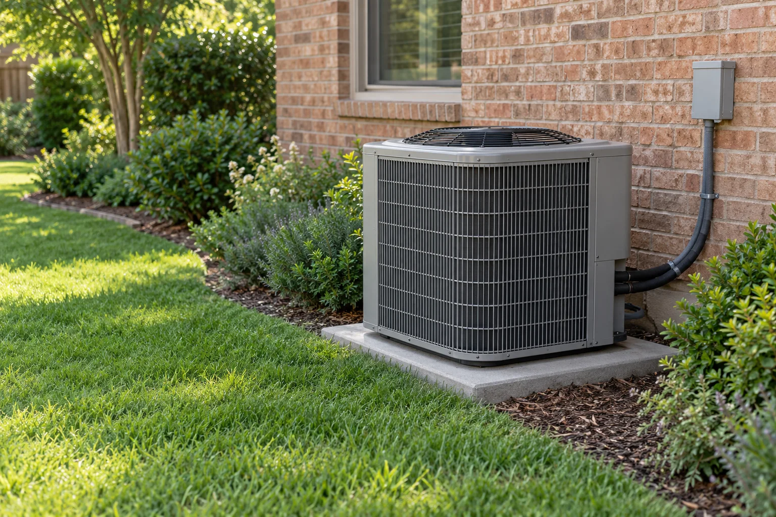 Outdoor HVAC unit on a concrete pad beside a brick home and garden.