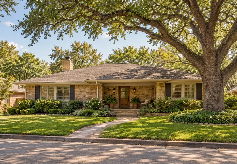 Mid-century brick ranch home with a shaded porch and established garden.