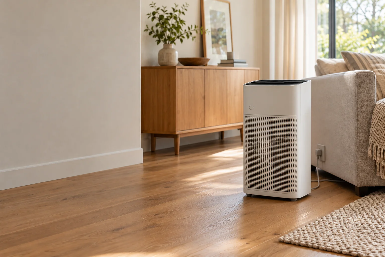 Room air purifier beside a sofa in a sunlit living room.